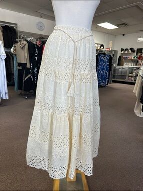 Boho Cream Eyelet Tiered Maxi Skirt with Tassel Waist